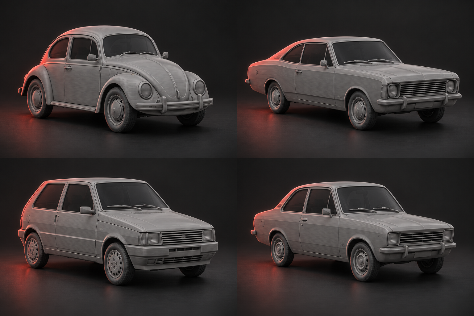 Quatro ilustrações de miniaturas 3D: Fusca, Opala, Fiat Uno e Chevette